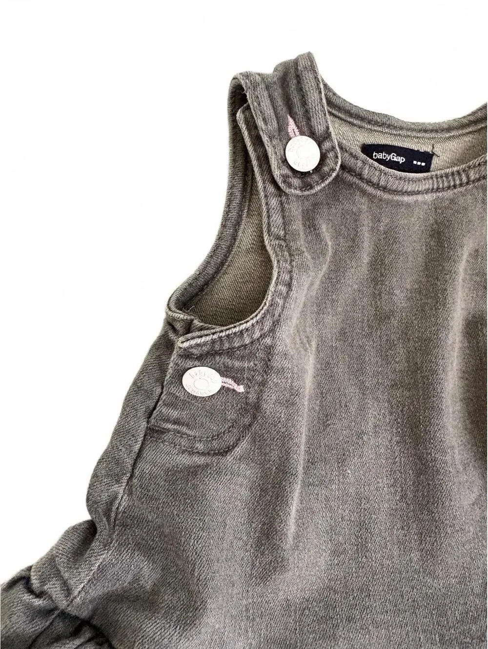 Baby Gap | Dark Distressed Gray Denim Overall Ruffle Dress Pink Snaps Size 3-6mo